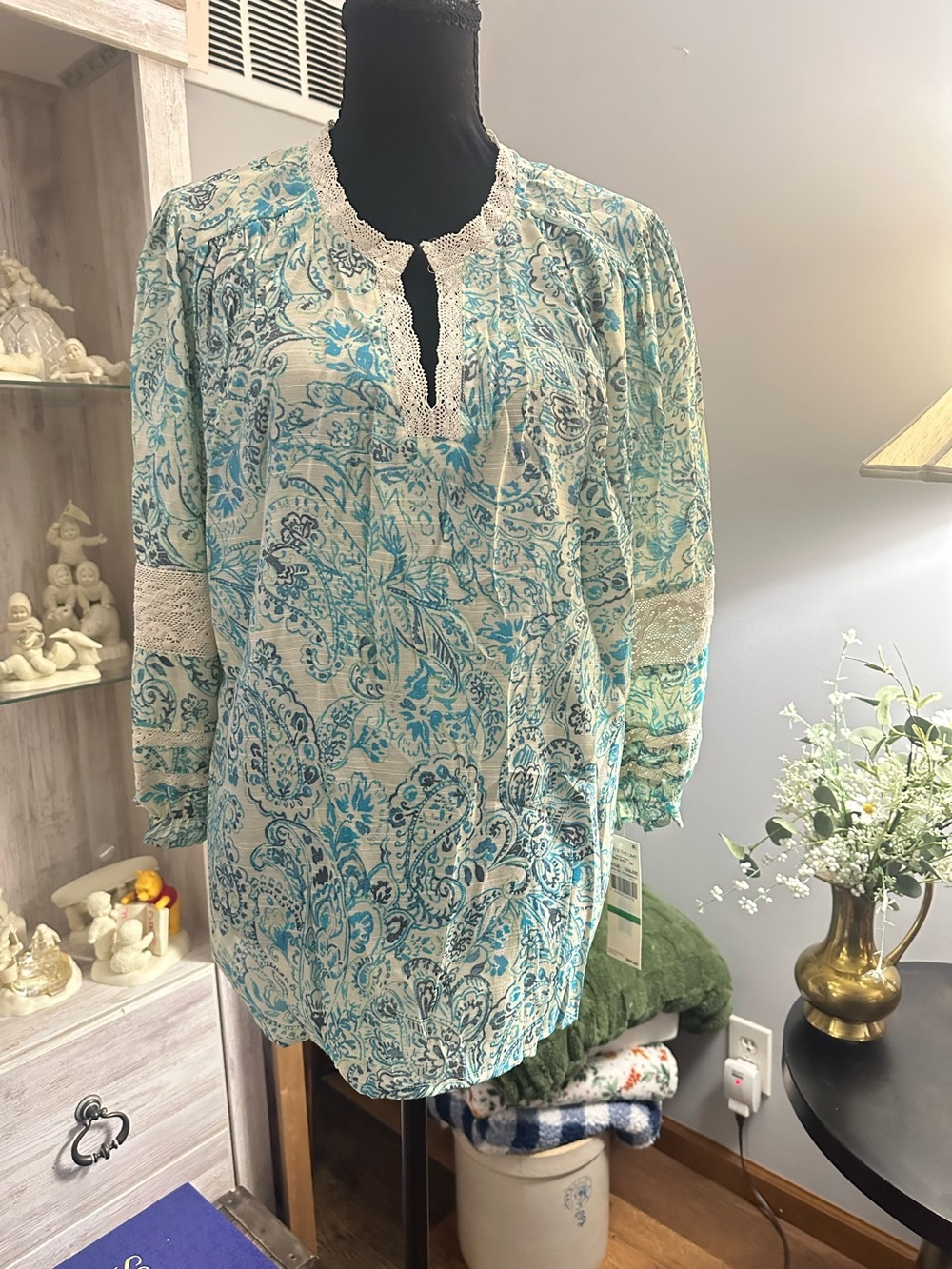 Light Blue Paisley Crochet-Trim Tunic Top
